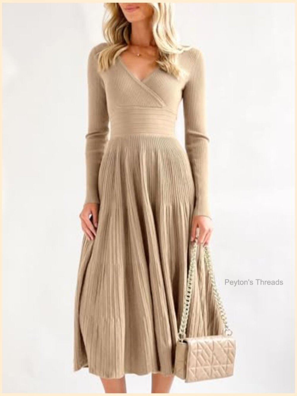 Long Sleeve Midi Sweater Dress Wrap V Neck Pleated A Line Fit Flare Knit Maxi - Picture 3 of 7